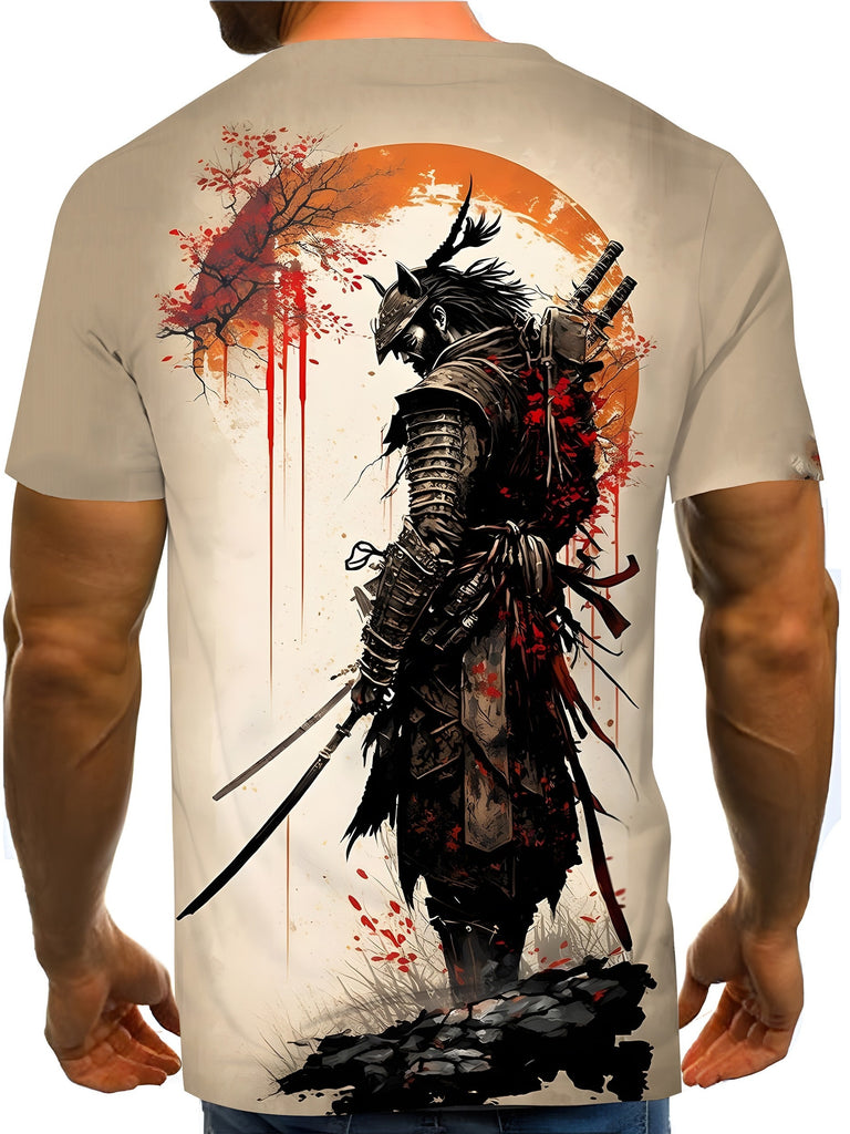 Anime Style Samurai Pattern 3D Printed Crew Neck Short Sleeve T-shirt For Men, Casual Summer T-Shirt For Daily Wear And Vacation Resorts