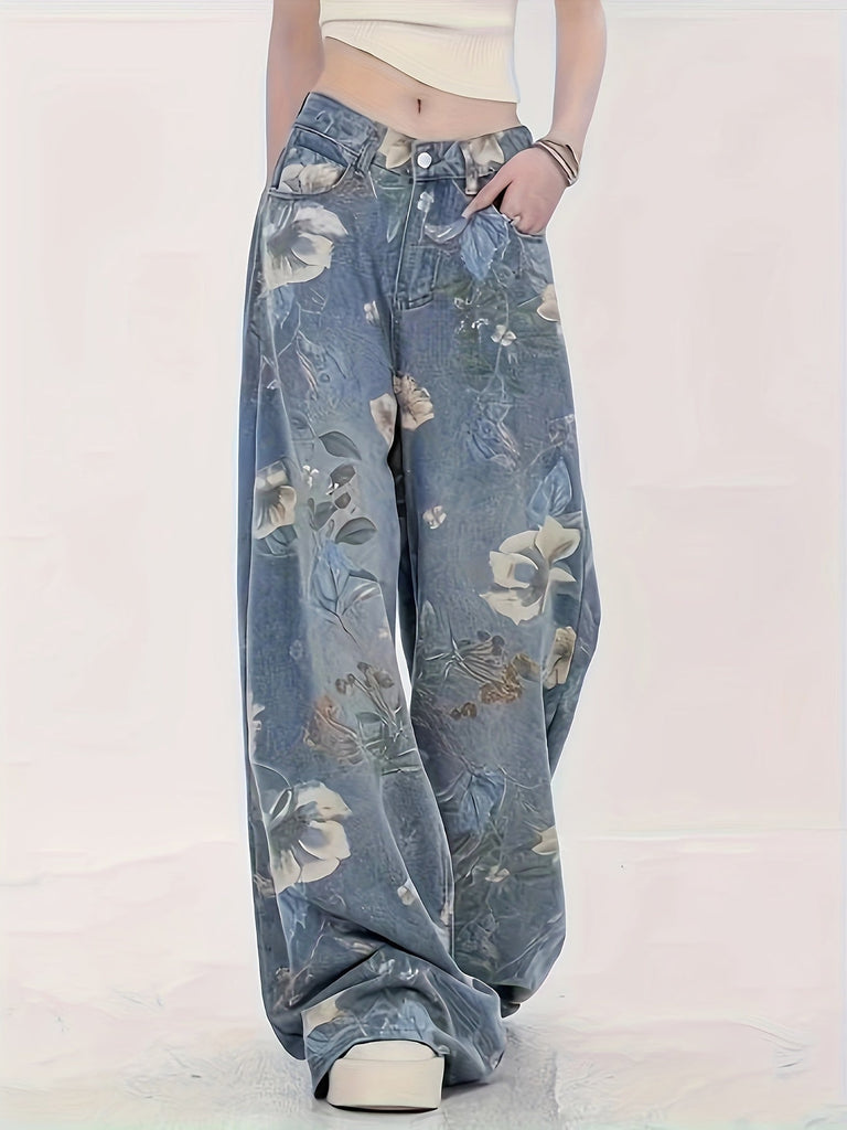 Vintage-Inspired High-Waist Wide-Leg Jeans for Women - Classic Retro Print, Cotton Blend, Machine Washable, High-end Fashion Brand