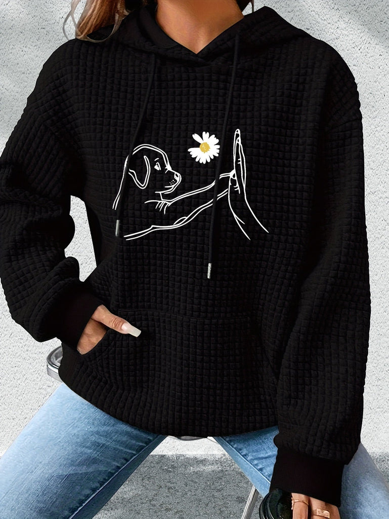 Dog Print Waffle Hoodie, Drawstring Kangaroo Pocket Casual Hooded Sweatshirt For Winter & Fall, Women's Clothing