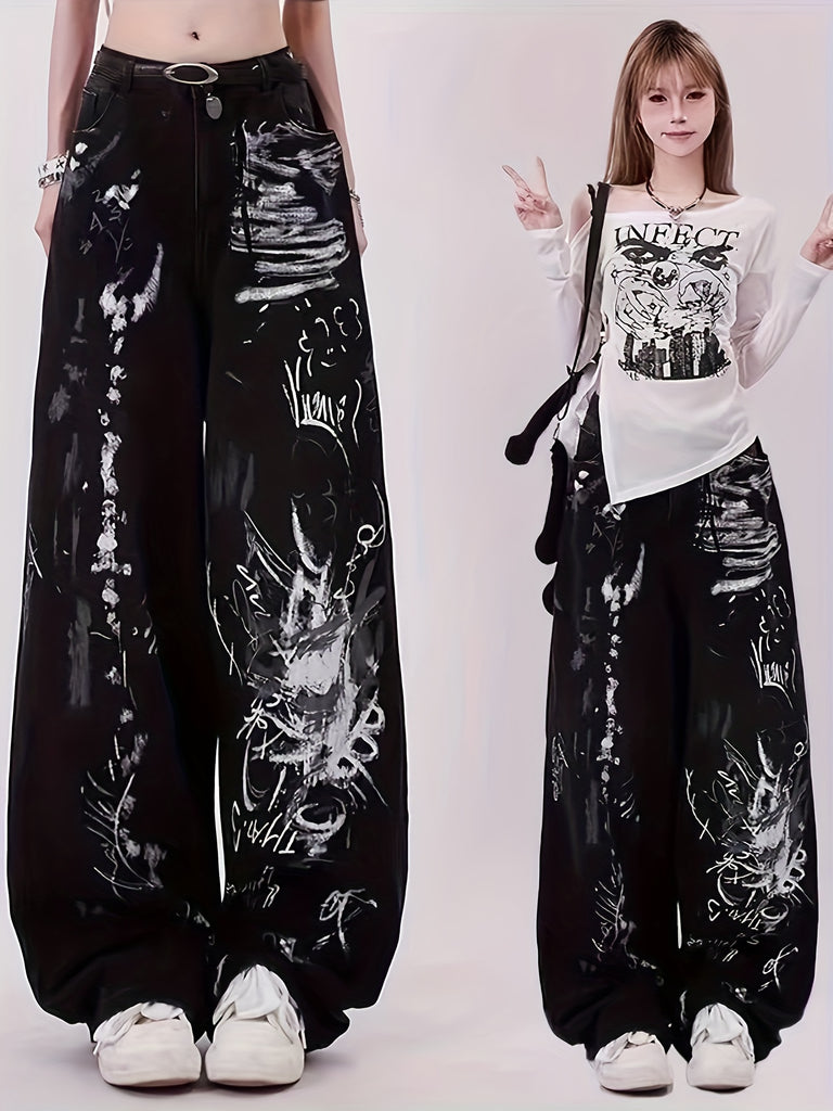 Women'S Hand-Painted Loose Jeans - Casual Black & White Sketch Print Wide Leg Denim Pants, Non-Stretch Fabric, with Applique Detail, for All-Season Vintage Inspired Artistic Pattern