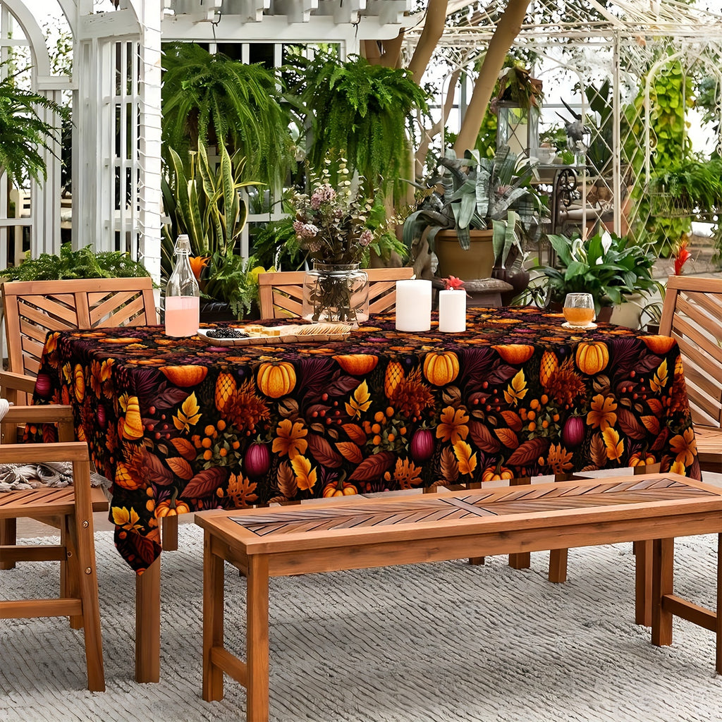 Thanksgiving Delight: Autumn Harvest Round Tablecloth - Stain & Waterproof with Pumpkin and Leaves Design, Perfect for Holiday Dining