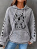 Plus Size Casual Sweatshirt, Women's Plus Cat & Butterfly Print Waffle Pattern Long Sleeve Drawstring Hoodie With Pockets