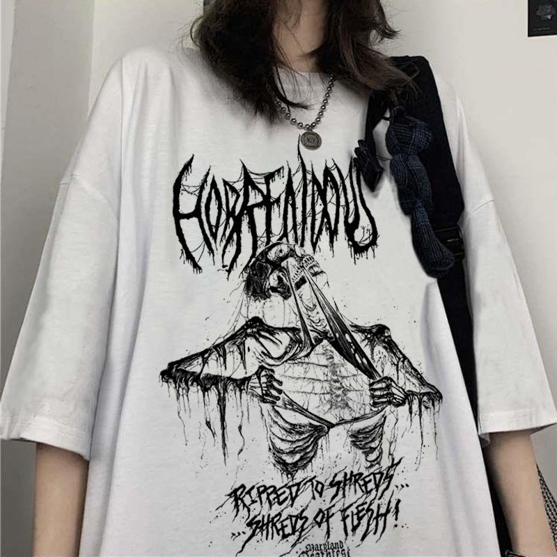 Skull Print Round Neck Loose Short Sleeves T-shirt