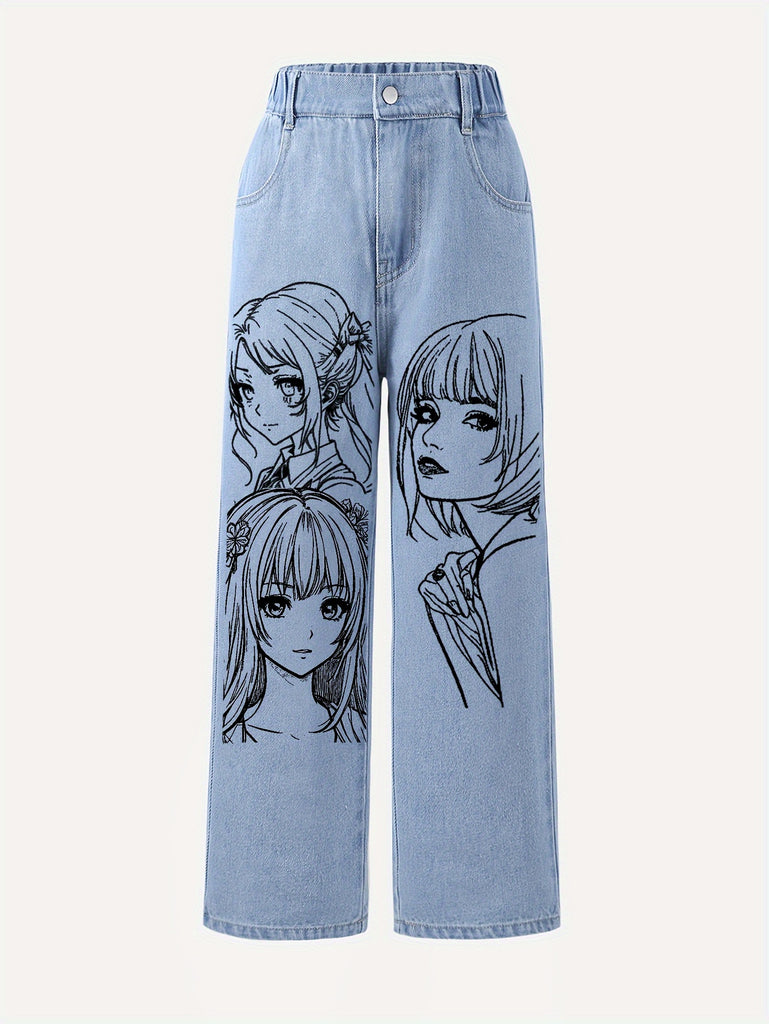 Anime Style Girls Denim Trousers, Comic Girl Sketch Pattern Casual Straight Jeans For Street Going Out