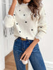 Heart Print Contrast Lace Crew Neck Sweater, Elegant Long Sleeve Sweater For Spring & Fall, Women's Clothing