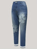 Plus Size Floral Patchwork Lace Contrast Hem Coquette Aesthetic Denim Pants, Women's Denim Jeans & Clothing