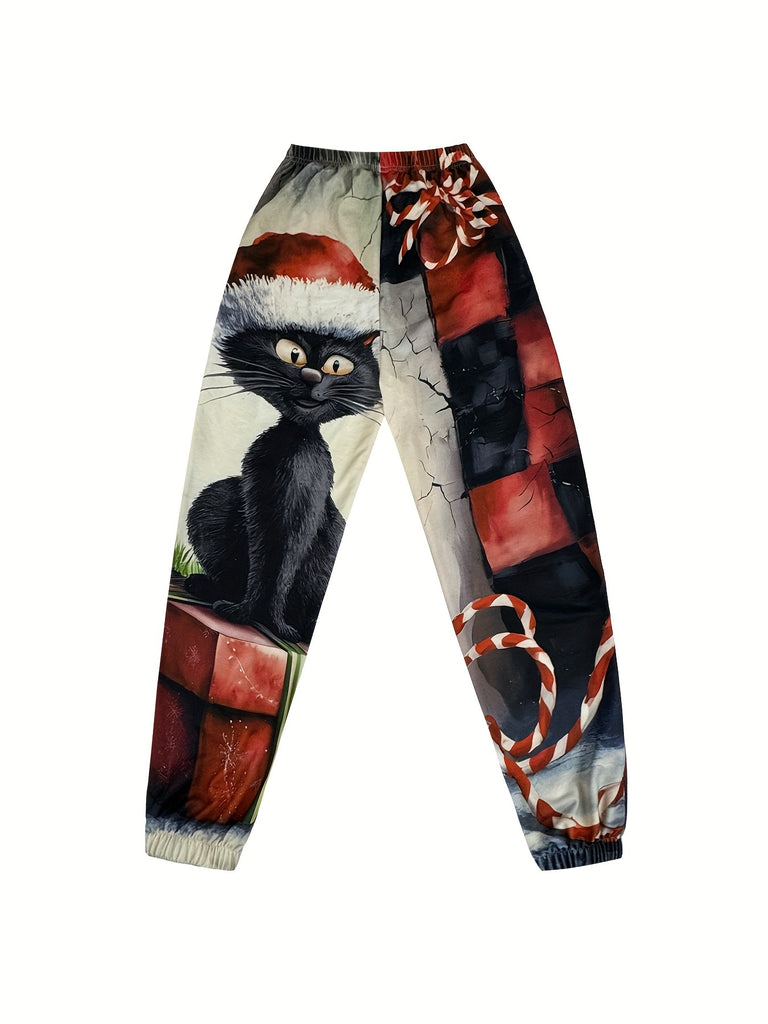 Christmas Cat and Plaid Printed Long Pants for Women - Casual Knit Fabric, Elasticated Ankle, No Belt, Polyester, Adult Fashion Jogger Pants for Fall/Winter Season