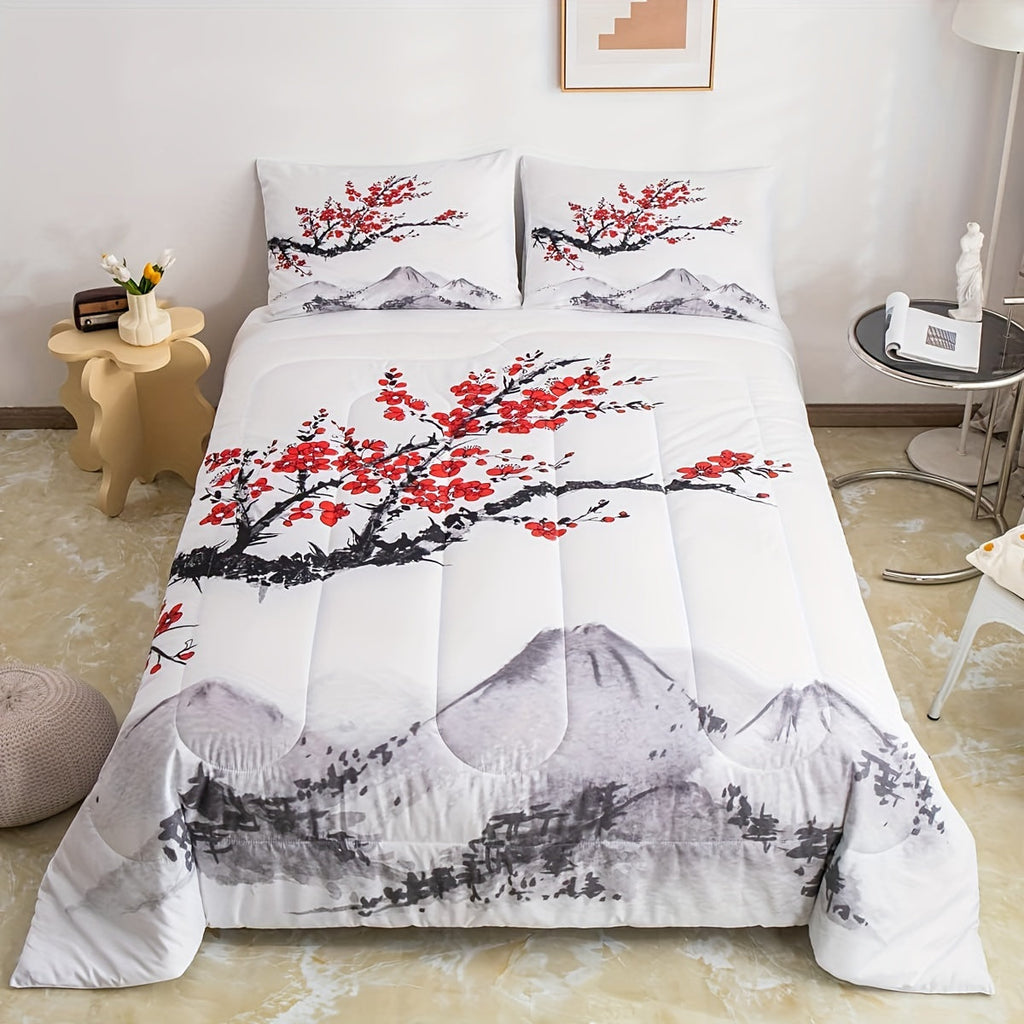 Japanese-Style Comforter Set Red Cherry Blossoms Printed Comforter, Mount Fuji Pattern Quilted Duvet Ink Painting Black White Stylish Duvet Insert, Asian Oriental Bedding Set Twin/ Full/ Queen/ King