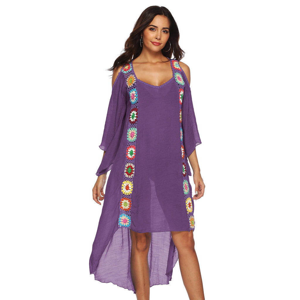 Rainbow Color Hand Crochet Flower Stitching Strapless Irregular Beach Dress Robe