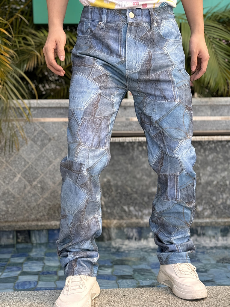 American Men'S Printed Faux Denim Pants, Fashion Street Straight Tube Style, Trend Full 3D Digital Printing, Suitable For All Occasions, Straight Tube Pants, Full Strip Fashion Printing Design, Suitable For All Seasons, So Young Men Special Choice