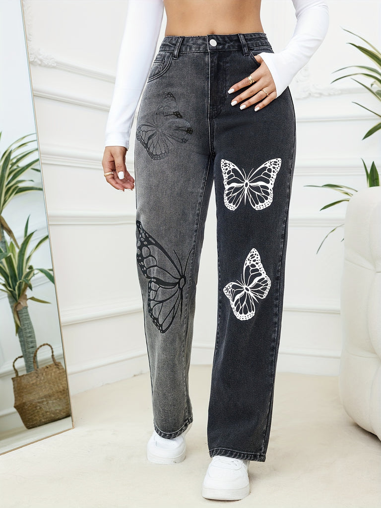 Two Tone Niche Straight Jeans, Loose Fit Butterfly Pattern Slant Pockets Denim Pants, Women's Denim Jeans & Clothing