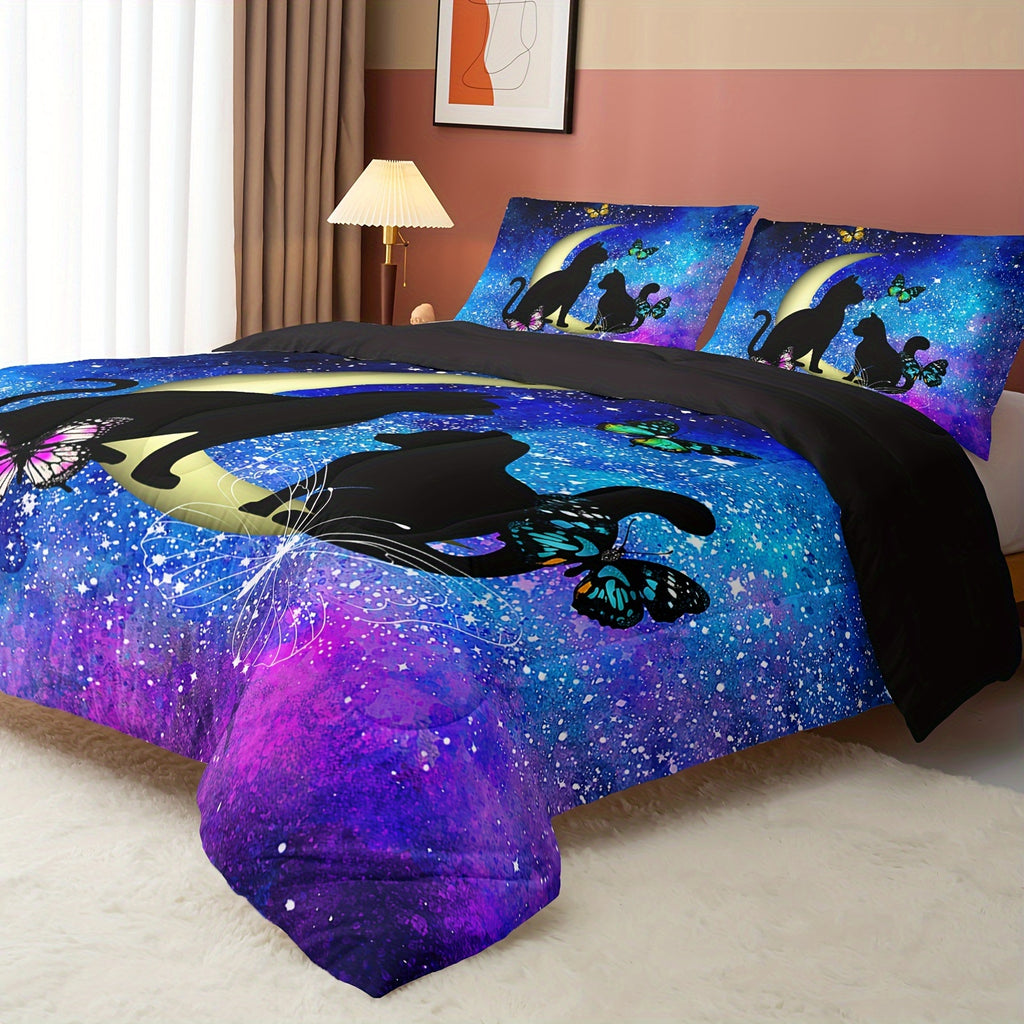 3Pcs Black Cat Bedding Cartoon Cat Comforter Set, Butterflies Moon Printed Bedding Set For Adults All Season, 1 Quilt 2 Pillow Cases