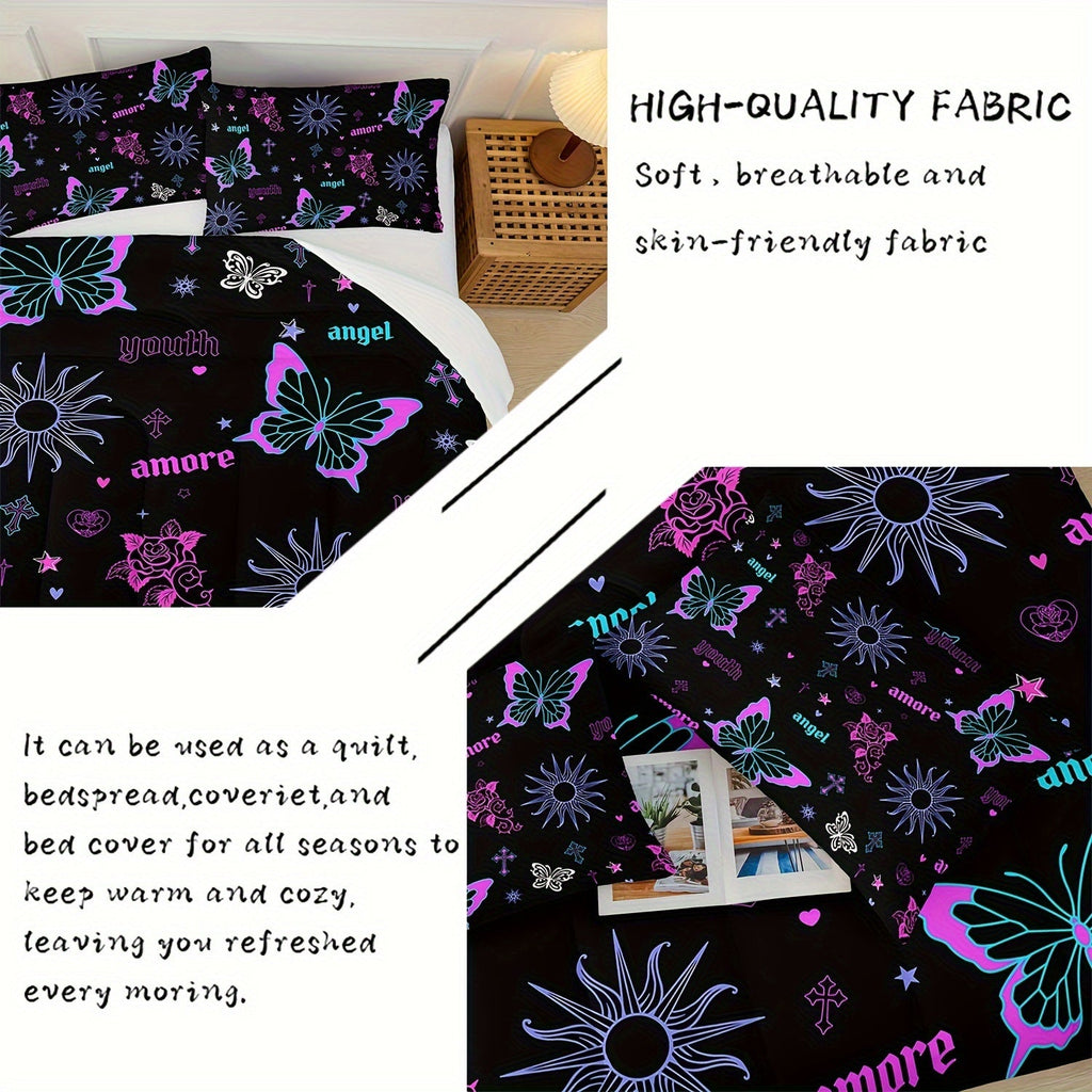 Butterfly Comforter Set Purple Rose Printed Bedding Sun Galaxy Comforter 3 Piece Set (1 Bed Comforter + 2 Pillow Cases), Comforter For All Seasons, Soft Comfortable And Breathable Printed Bedding For Home Dorm Decoration