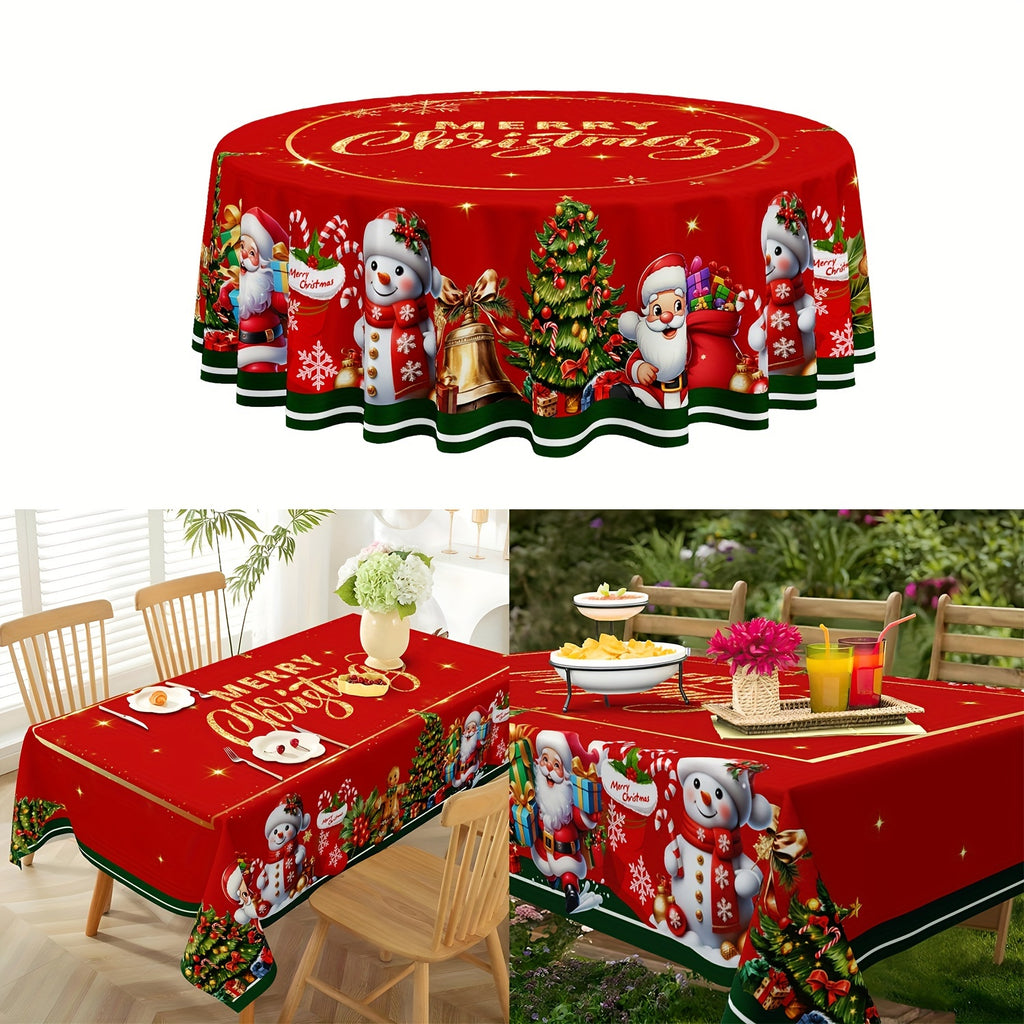 Merry Christmas Tablecloth with Santa, Snowman & Gingerbread for Man Design - Waterproof Polyester, Stain-Resistant Holiday Decor for Dining Room, Perfect for Home & Restaurant Use, Christmas Decor