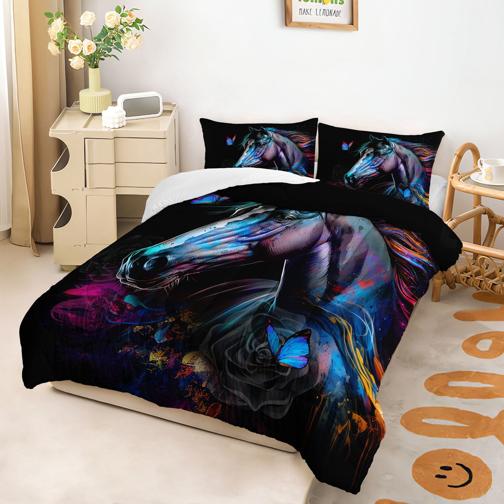 3Pcs Modern Fashion Polyester Comforter Set (1 * Comforter + 2 * Pillowcases, Pillow Core Not Included), Art Horse Butterfly Floral Print Bedding Set, Soft And Comfortable Skin-friendly Comforter For Bedroom, Guest Room.