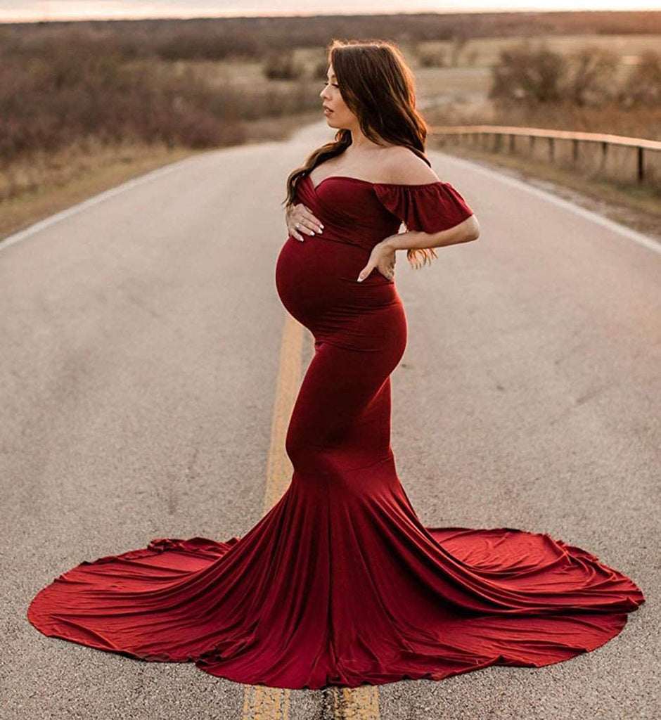 Women's Mercerized Cotton pregnant women's Ruffle sleeve cross V-neck tailed dress photography dress