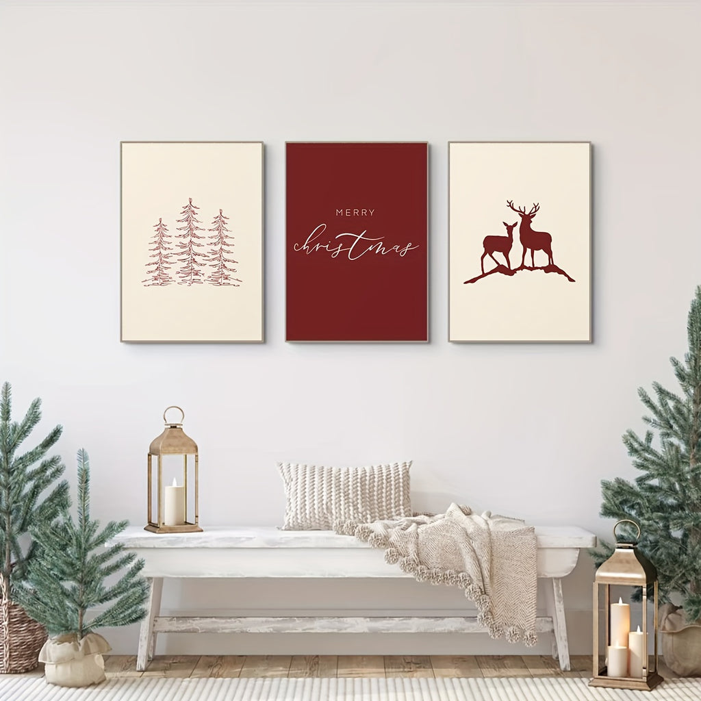 Set of 3 Christmas Canvas Art Prints – Frameless Wall Decor with Holiday Tree and Elk Design for Living Room Home Decoration