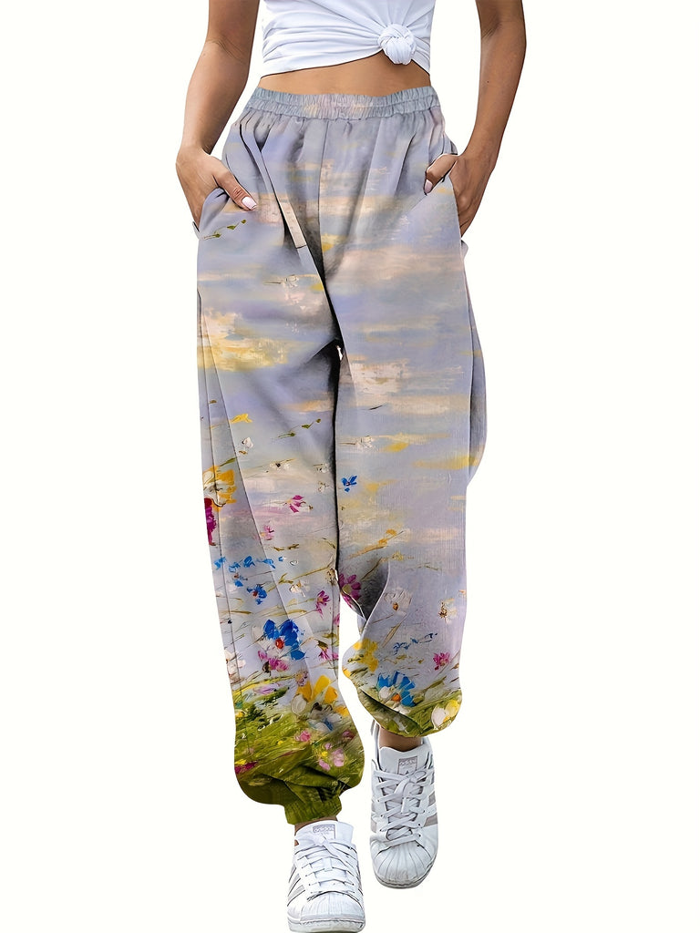 Casual Elastic Waist Floral Print Jogger Pants, Women's Pocket Pants