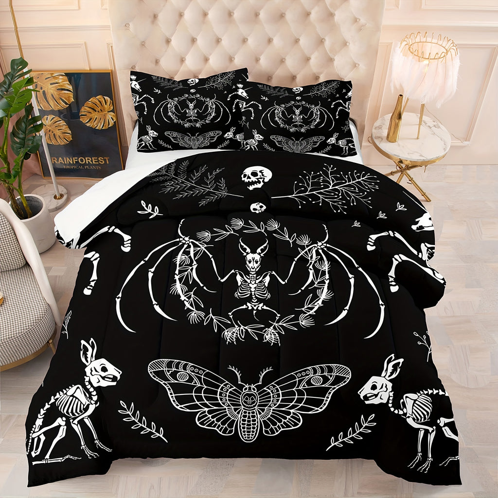 2/3pcs Modern Gothic Comforter Set, Black And White Moth Print Bedding Set, Soft Comfortable And Skin-friendly Comforter For Bedroom, Guest Room (1*Comforter + 1/2*Pillowcase, Without Core)