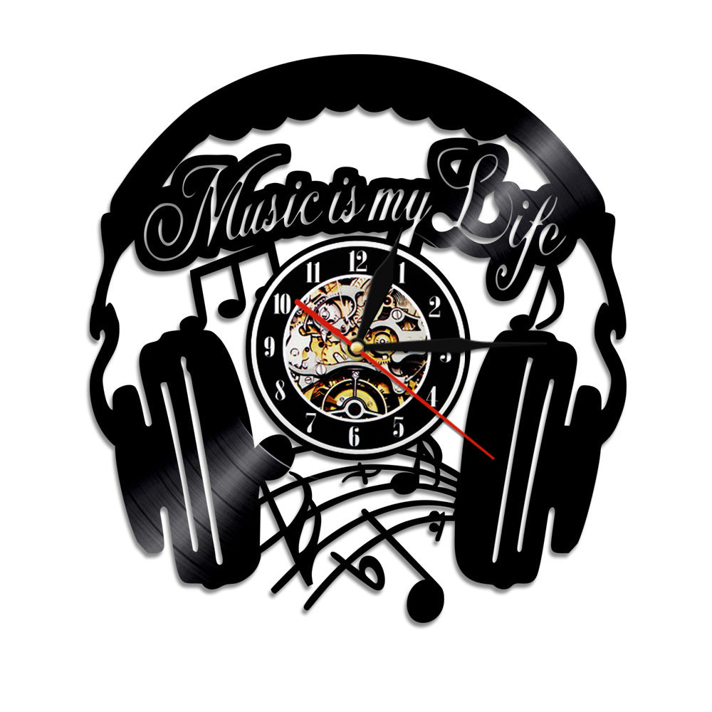 Earphone style vinyl record wall clock