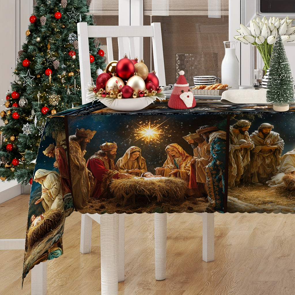 Polyester Tablecloth with Embossed Nativity Scene – 1 Piece, Round/Rectangle, Stain-Resistant, for Kitchen, Dining & Coffee Tables, Holiday Parties & Outdoor Picnics, Ideal for Christmas, Baptisms, Confirmations & Communion Decor