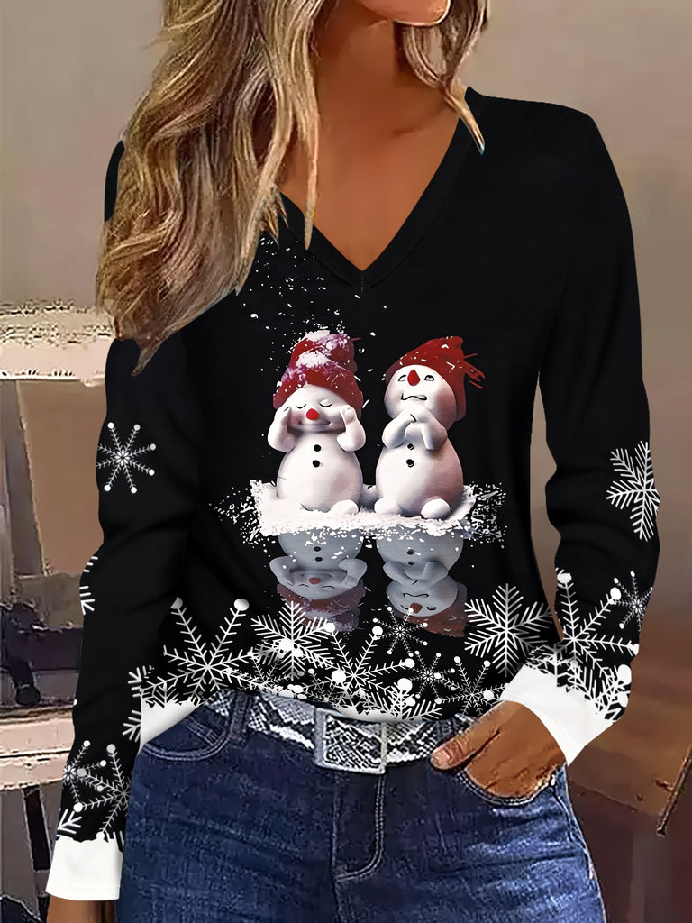 snowman shirt - Women's Snowman & Snowflake Print V-Neck T-Shirt - Casual Long Sleeve - Cozy Christmas Cheer All Year