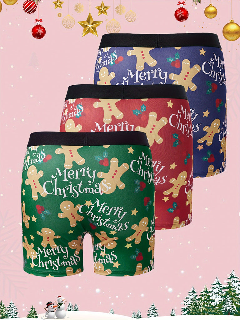 3-Pack Men's Christmas Gingerbread Boxer Briefs, Long Length, Wide Waistband, Breathable Knit Fabric, Polyester, Festive Holiday Gift, Casual Everyday Wear