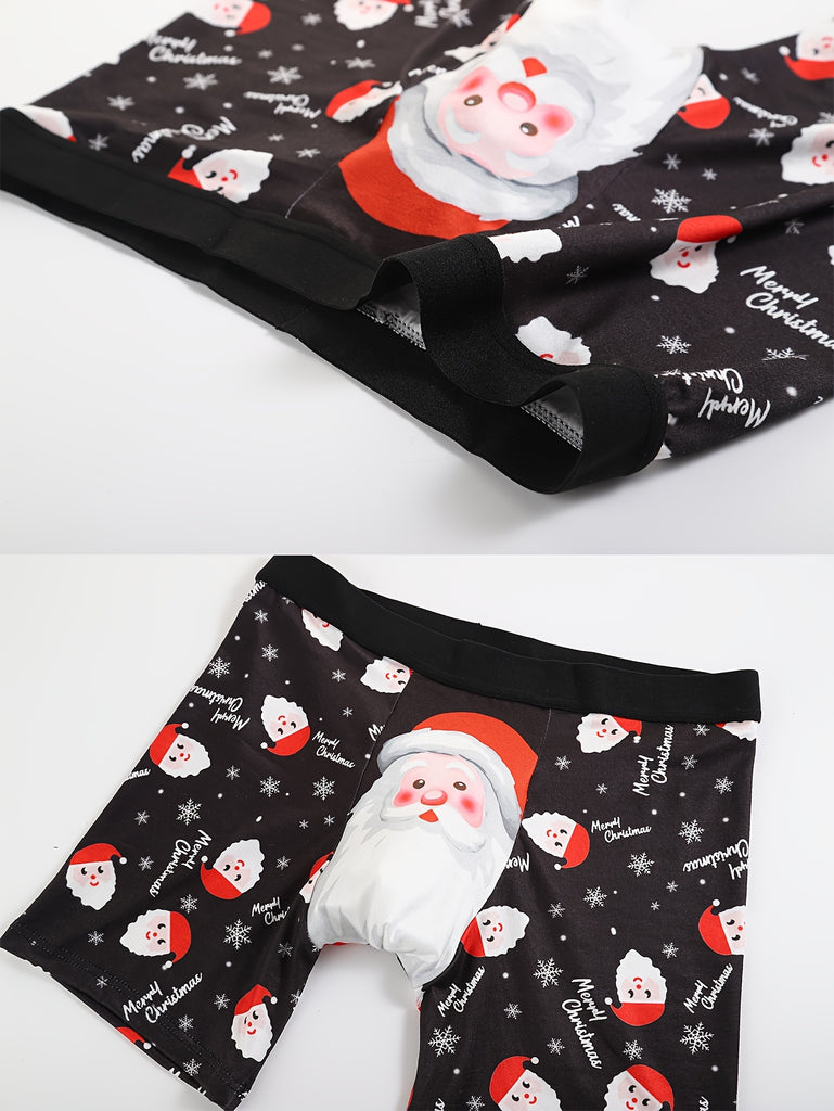 4pcs Men's Christmas Boxer Briefs Set with Santa, Snowflakes & Gingerbread for Man Designs - Includes Greeting Card, Comfortable Polyester Blend, Perfect Holiday Gift