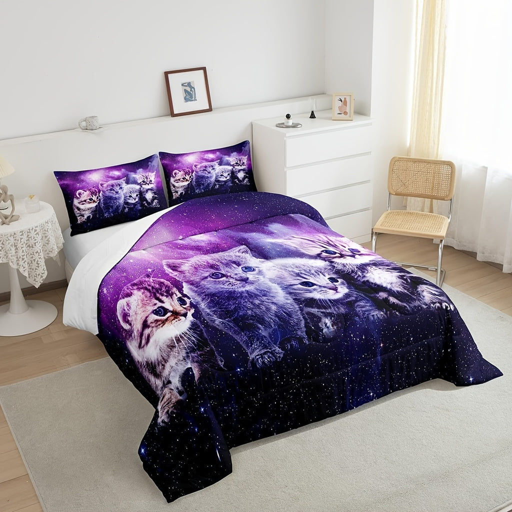 2/3pcs Cat Comforter Cute Pet Cats Pattern Bedding Set, Outer Space Kawaii Kitten Comforter Set for Men Women, 3D Animal Theme Galaxy Quilt Set with 1/2 Pillowcases, Room Decor, All Season Lightweight Soft Warm, Christmas Gifts Decoration Ornaments