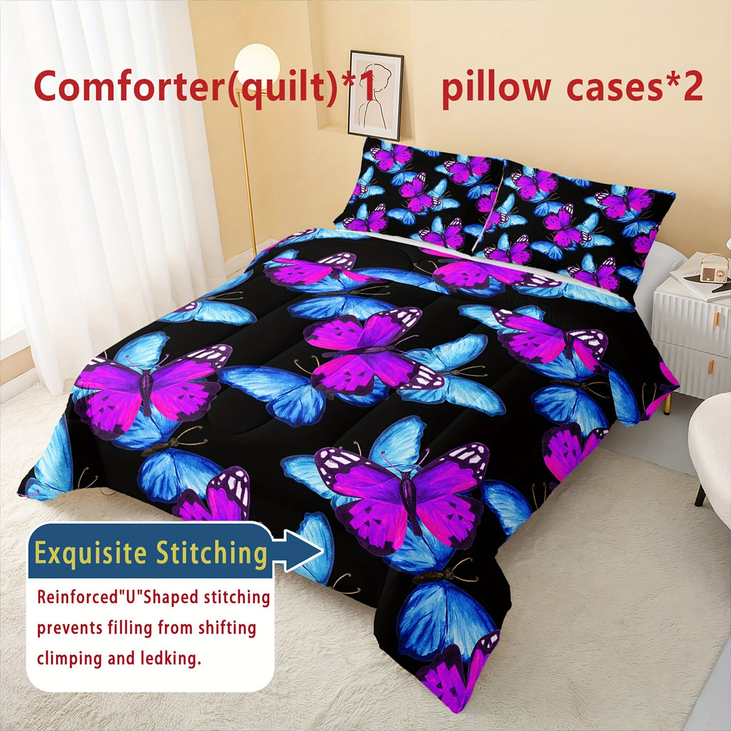 3pcs Fashion Comforter Set (1*Comforter + 2*Pillowcase, Without Core), Purple And Blue Butterfly Print All Season Bedding Set, Soft Comfortable And Skin-friendly Comforter For Bedroom, Guest Room