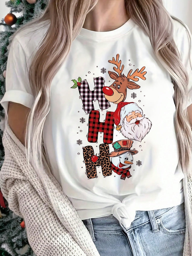 Women's Festive Christmas T-Shirt with Santa, Snowman & Reindeer Print - Breathable, Casual Crew Neck Short Sleeve Top - Perfect Holiday Gift