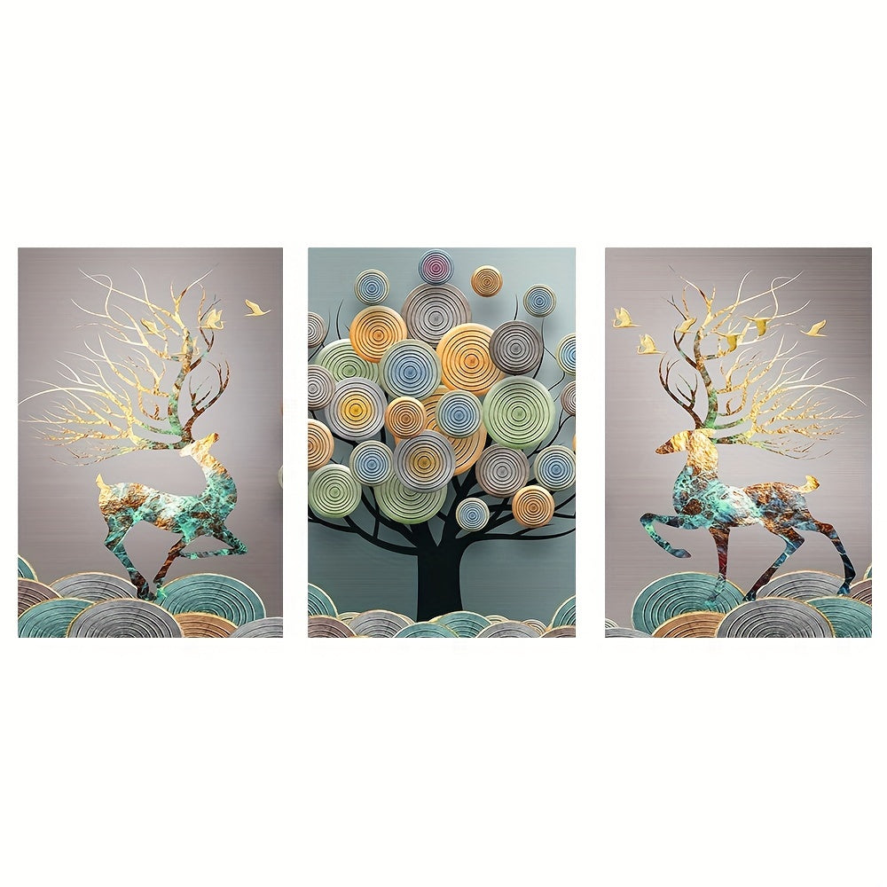 3pcs Golden Frameless Abstract Chinese Feng Shui Rich Tree Wall Art Canvas Painting, 15.7*23.6in, No Frame, Art For Living Room Cuadros Decor