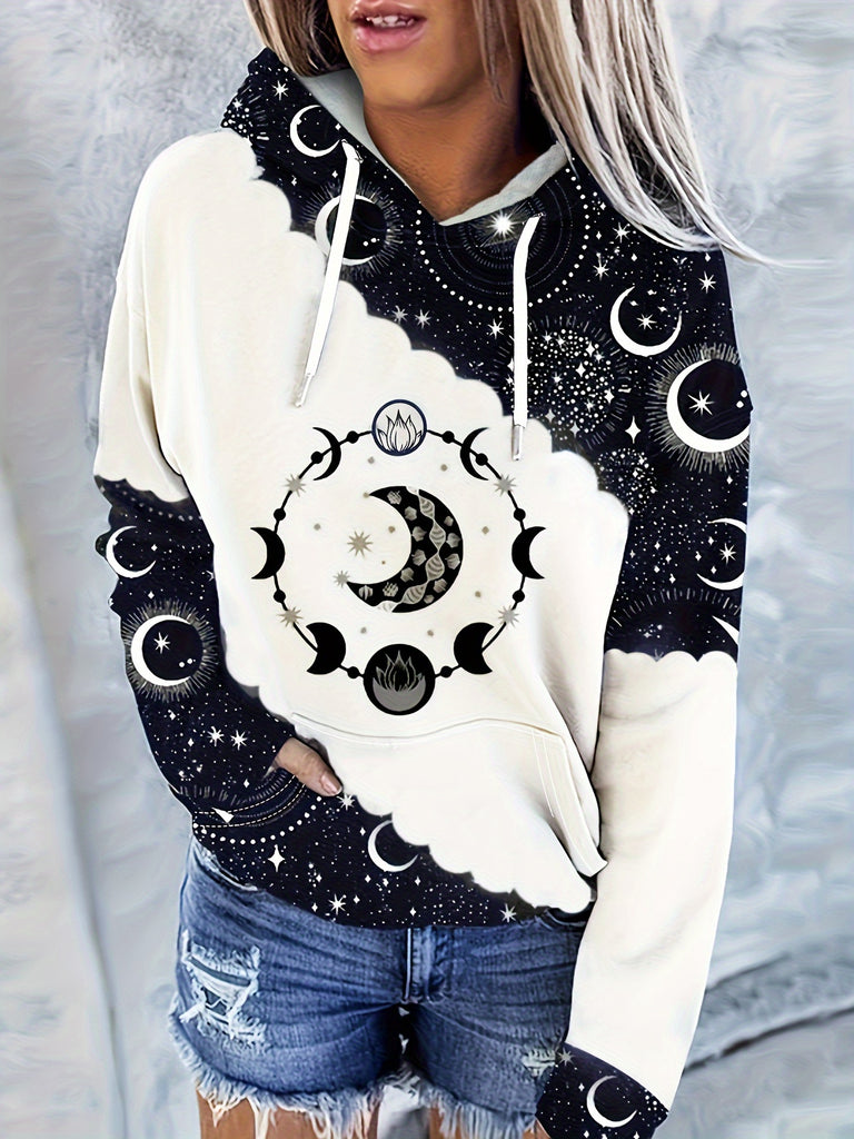 Moon Print Kangaroo Pocket Hoodie, Casual Long Sleeve Drawstring Hoodies Sweatshirt, Women's Clothing