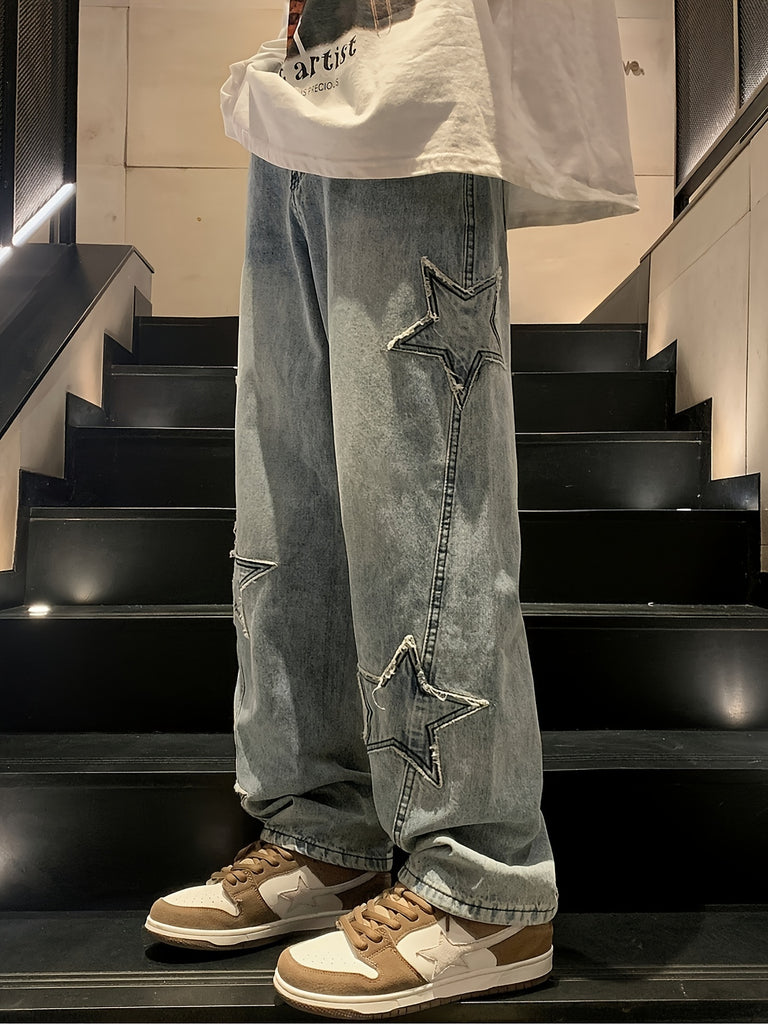 Y2k Baggy Jeans For Men, Hip Hop Grunge Demin Pants Wide Leg Loose Joggers Star Graphic Jeans