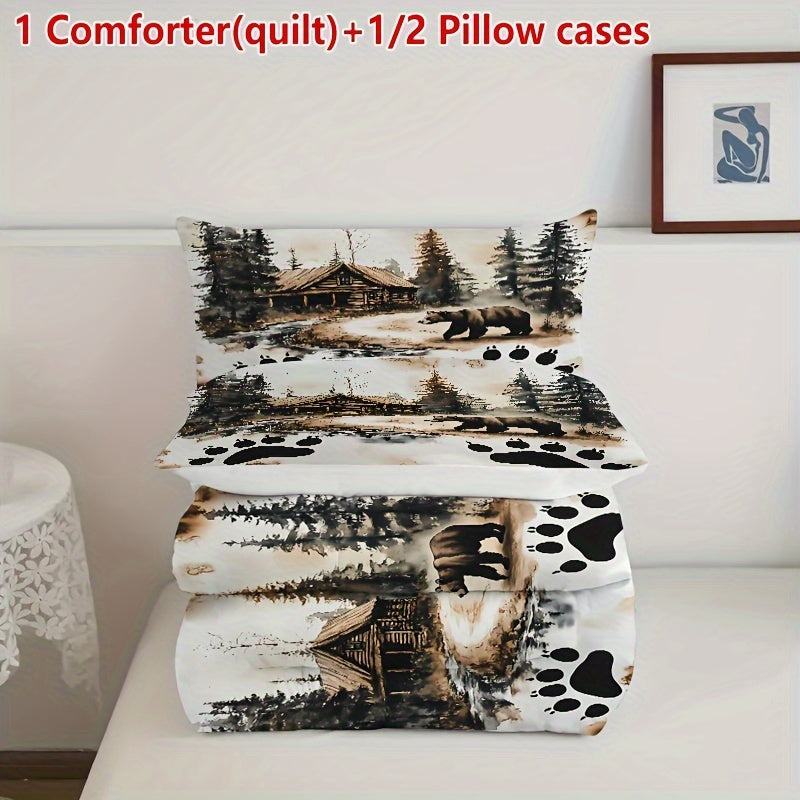 2/3pcs forest animal bear house printed comfortable comforter set, suitable for bedroom decoration in rural villas (1 Comforter (quilt) + 1/2 Pillow cases Without Core)