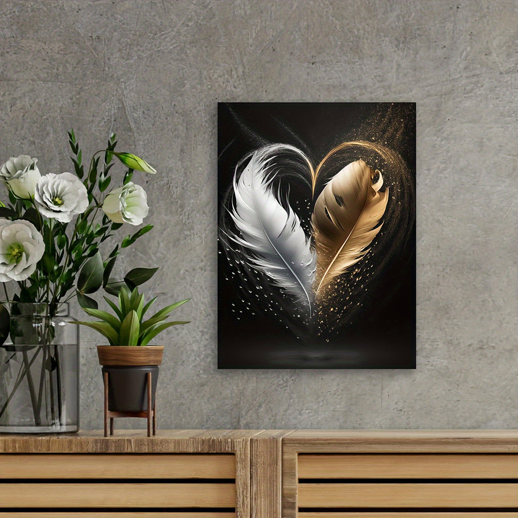 Elegant Golden & White Feather Oil Painting on Canvas - Framed Wall Art for Living Room Decor, 11.8x15.7 Inches