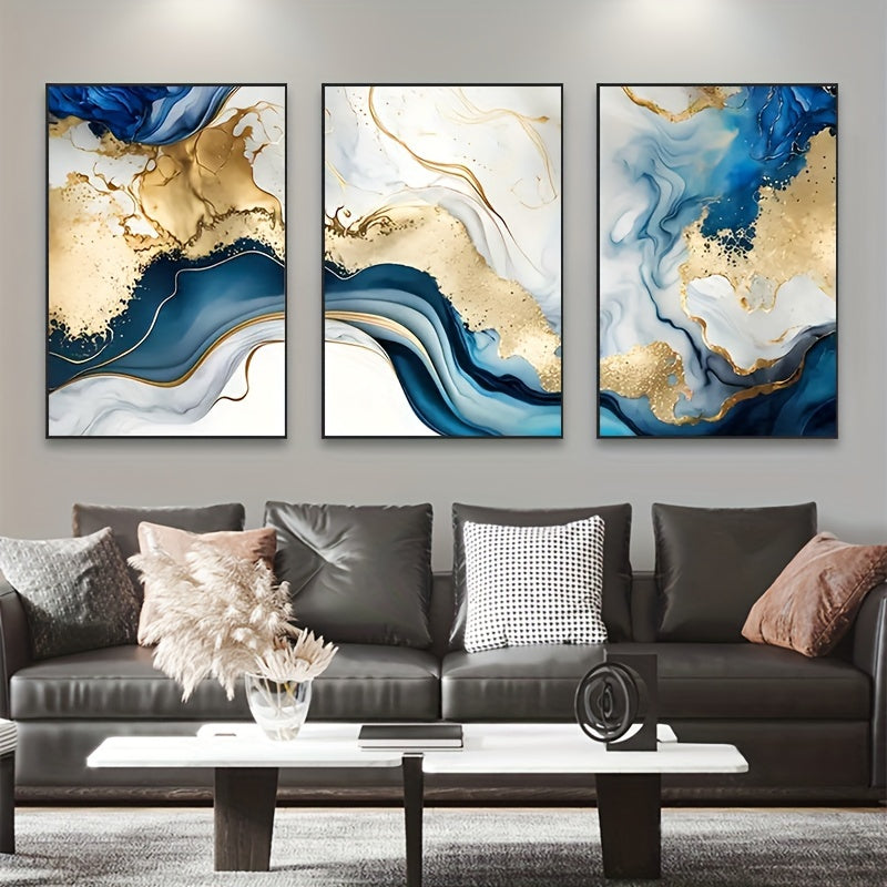 3-Piece Wooden Frame Modern Abstract Canvas Art Set - Blue Golden Hues Graphic Design - For Bedroom & Living Room Decor - Perfect Gift for Art Lovers & Home Decor Enthusiasts