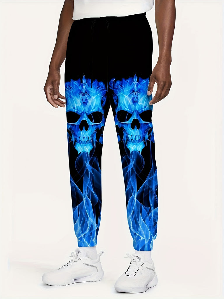 Men's Skulls With Flames Print Jogger Sweatpants With Drawstring, Casual Sporty Trousers As Gift