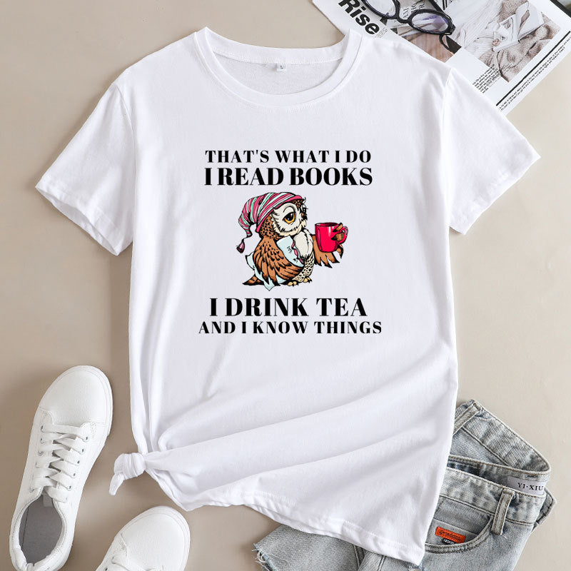 Women's Fashion Owl Letters Fashion Round Neck Short Sleeve