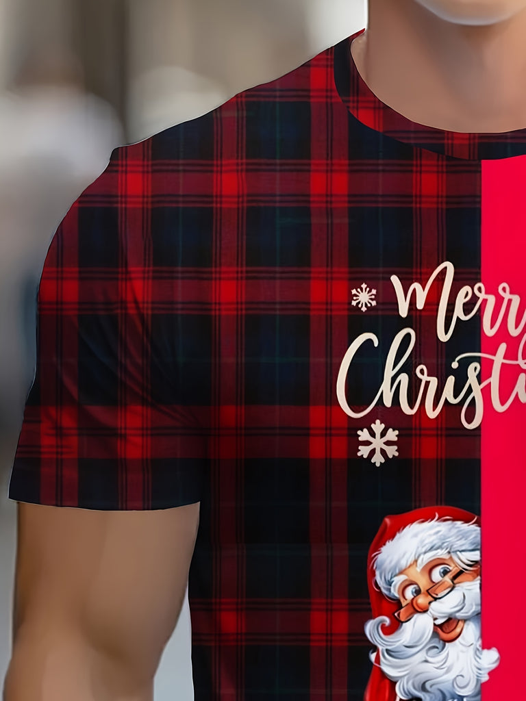 Men's Festive Santa Claus Graphic Tee - Casual Short Sleeve Crew Neck T-Shirt, Stretchy Polyester Blend, Machine Washable, Non-Transparent, Perfect for Christmas & Holiday Parties