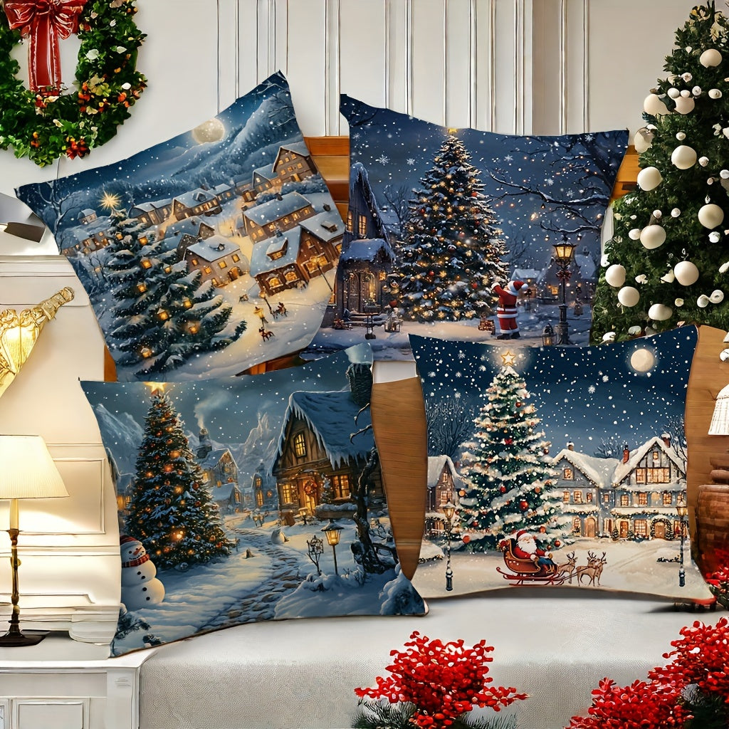 Contemporary Style Christmas Throw Cushion Covers 4pcs Set, 17.72" Woven Polyester Zippered Cases, Hand Wash Only, Festive Print for Living Room Sofa and Bedroom Decor - Insert Not Included