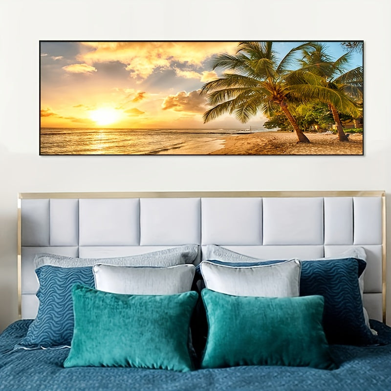 1pc Large Coastal Canvas Ocean View Painting, Modern Palm Tree Wall Art, Frameless Sunset Oil Painting for Living Room Decoration