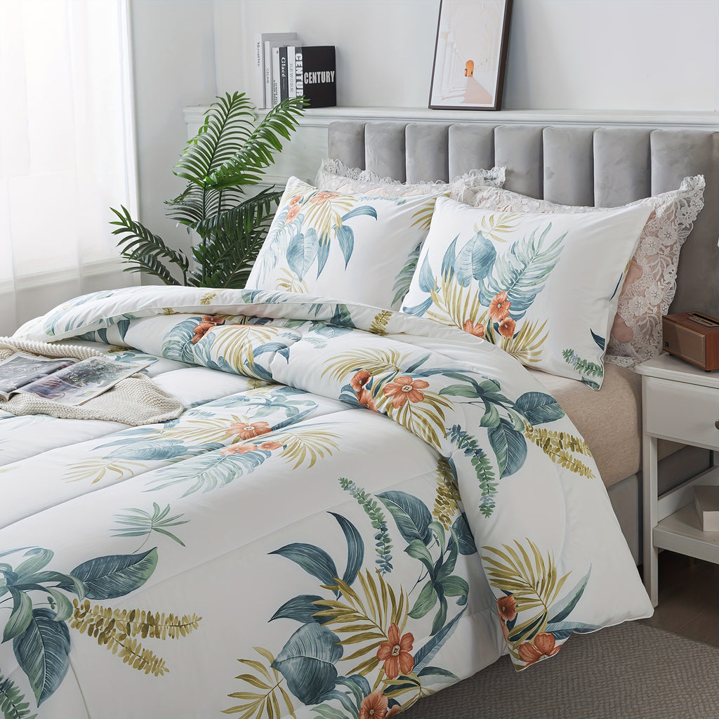 3Pcs 100% Cotton Tropical Style Floral Palm Leaf Print Summer Comforter Set, Soft Aesthetic Plant Pattern Thin White Down Alternative Comforter Beddings, Lightweight Garden Theme Modern Bed Sets, Twin Queen King, (1 Comforter + 2 Pillowcases)