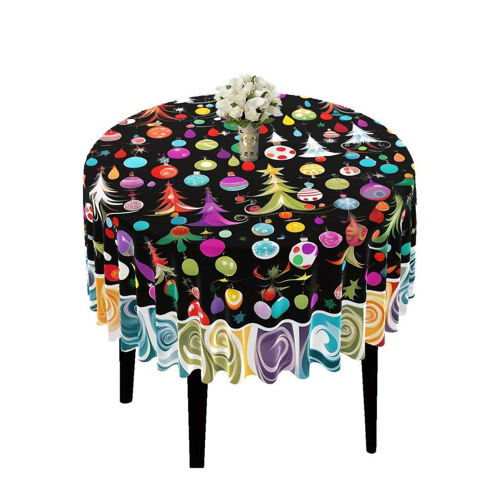 Christmas Themed Round Tablecloth with Cartoon Ornaments and Trees, Polyester Machine Woven Fabric, Table Cover for Holiday Dining, Picnic, and Outdoor Use - 63 Inch Diameter
