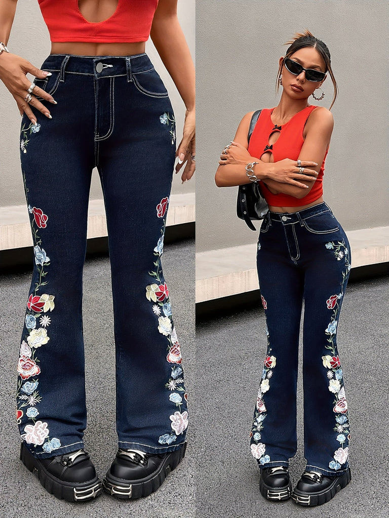 Skinny Fit Floral Print Washed Jeans, Vintage Style Zipper Button Closure Denim Flare Leg Pants, Women's Denim Jeans & Clothing