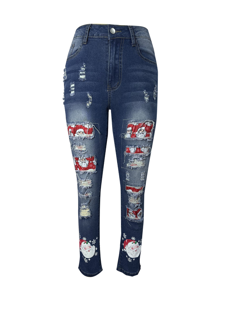 Women'S Plus Size Denim Jeans, Santa Claus Patchwork, Stretchy Fabric, Random Print, Long Length, All-Season, Tight Fit, Button Closure, Festive Holiday Style