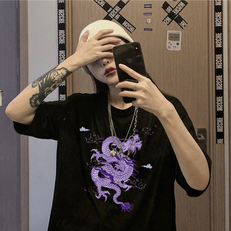 Casual Dragon Print Ladies Blouse Short Sleeve