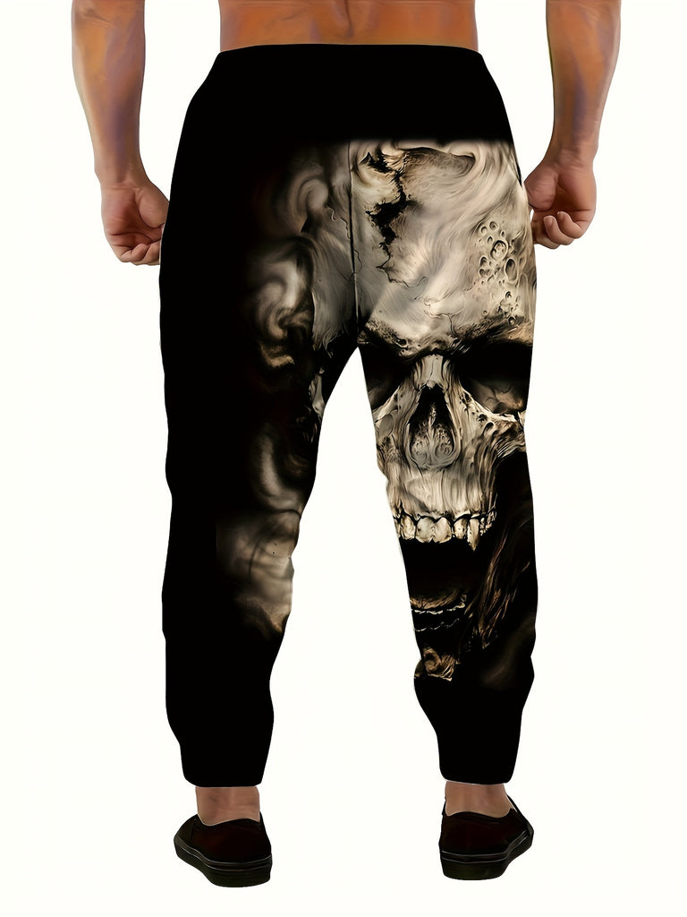 Men's Creepy Skull Print Jogger Sweatpants with Drawstring, Casual Halloween Themed Sports Trousers as Gift