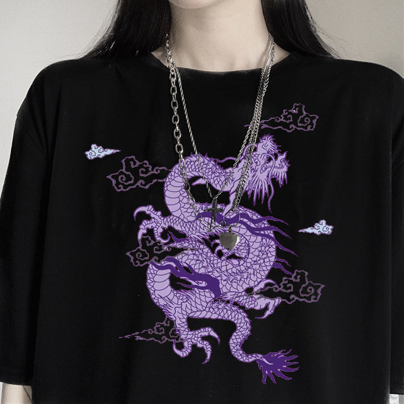 Casual Dragon Print Ladies Blouse Short Sleeve