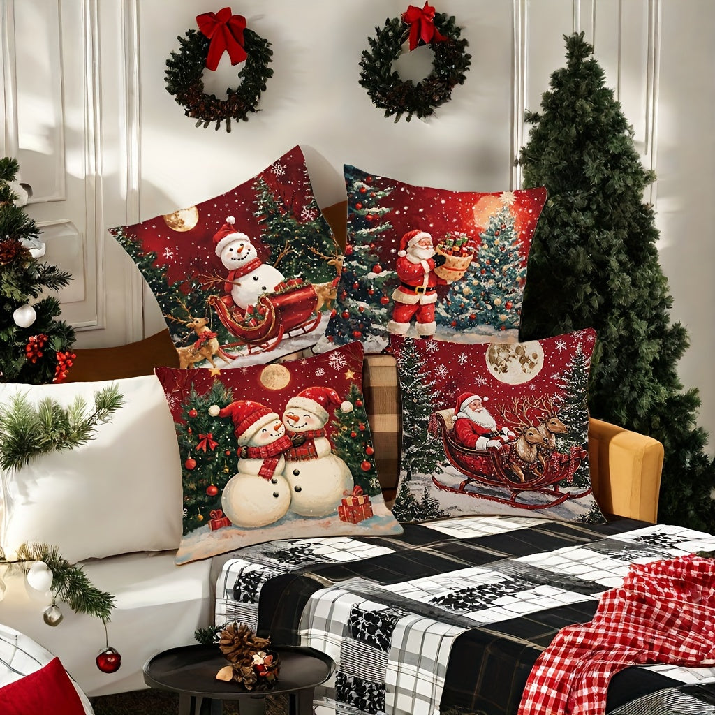 Contemporary Style Christmas Throw Cushion Covers Set of 4, Hand-Washable, Zippered, Woven Polyester Decorative Case for Sofa and Living Room, Festive Holiday Prints - 17.72x17.72 inches (No Insert)